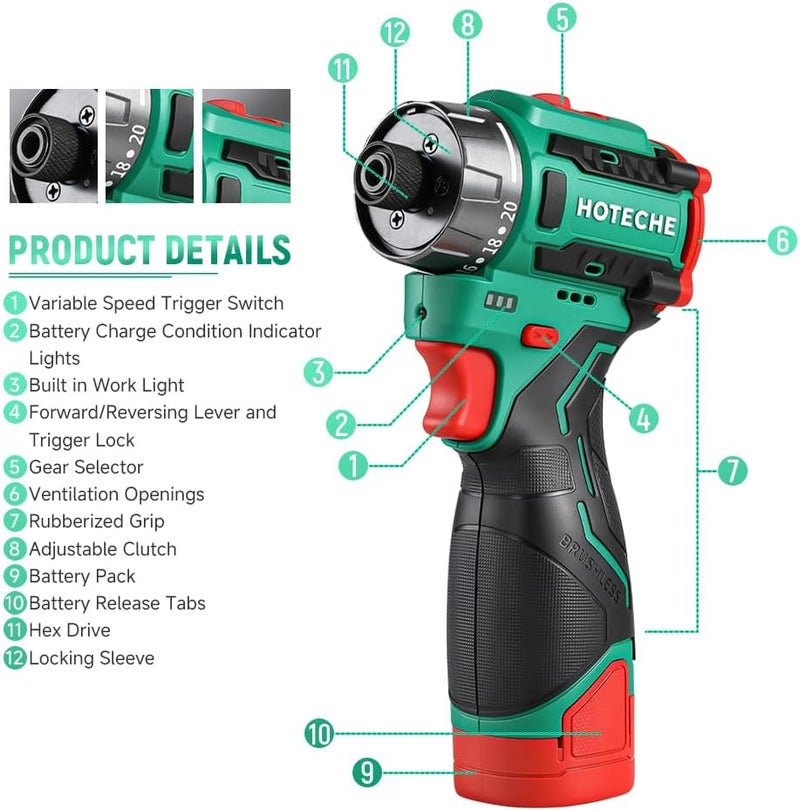 HOTECHE Cordless Brushless Screwdriver - 2.0Ah Battery, 75Nm Torque, 1/4" Chuck, with Charger & LED Light - Image 2